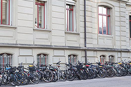 Viele Fahrräder neben dem Hauptgebäude.