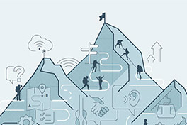 Zeichnung mit Personen, die auf drei Bergpitzen klettern