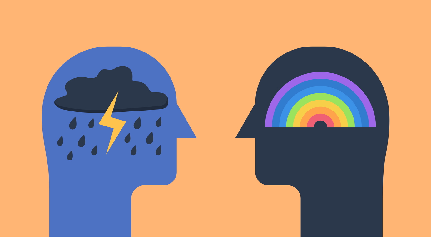Two heads: The left head is blue, with a dark cloud, rain, and lightning inside (symbolizing negative thoughts or mood), and the right head is dark, with a rainbow inside (symbolizing positive thoughts or mood)